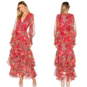 ALEXIS Eden Long Sleeve Tiered Ruffle Floral Solace Red Wrap Maxi Dress Size XS